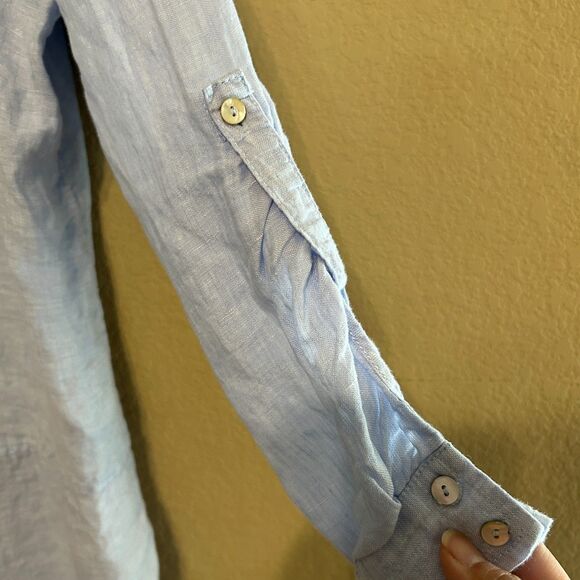 Tahari 100% Linen Button Up Tunic Top Womens 1X Blue Roll Tab Sleeve Coastal - Picture 6 of 7